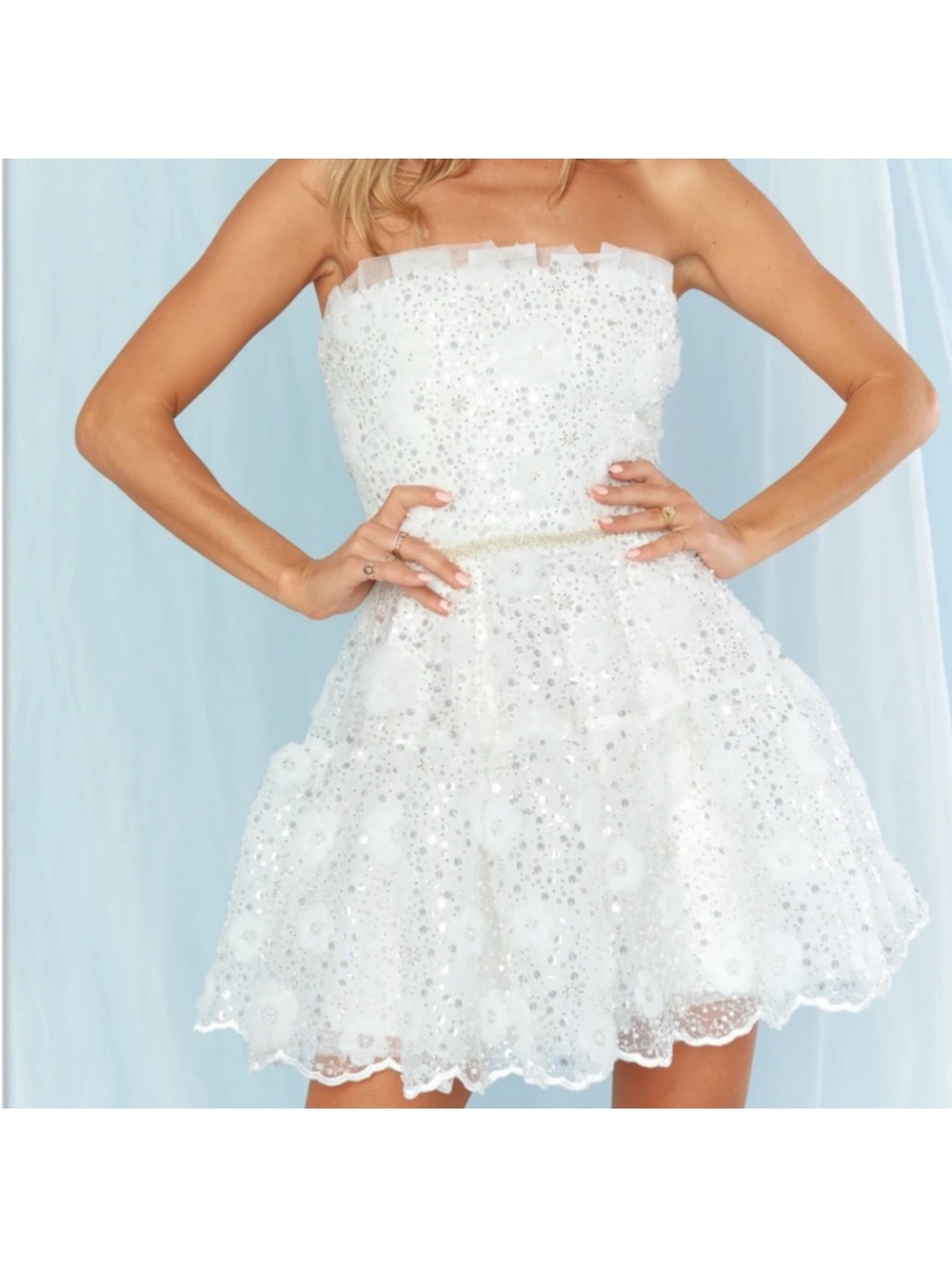 Show Me Your MuMu White Strapless Sequin Floral Mini Dress